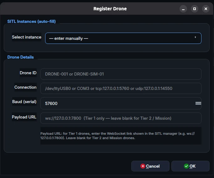 Add Drone dialog concept: drone ID and MAVLink endpoint fields