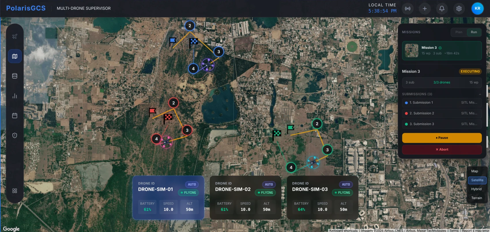 Mission execution concept: drone mid mission with a route trail