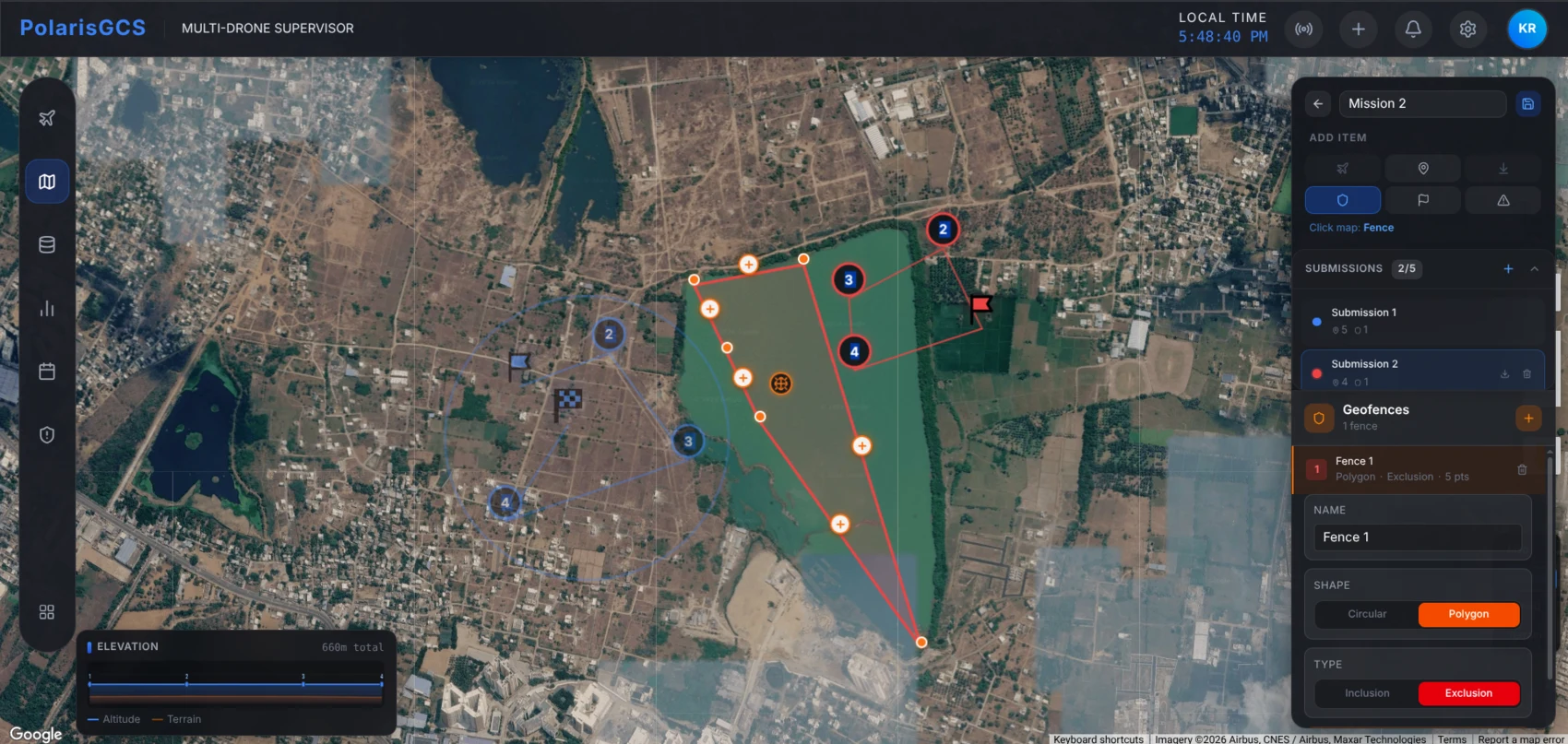 Mission editor concept: takeoff, waypoint and land pins along a route